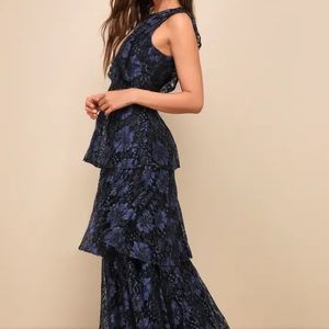 {Lulu’s} Molinetto Navy Blue Lace Ruffled Tiered Sleeveless Maxi Dress